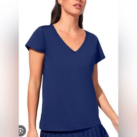 NWT EleVen Venus Williams Navy Blue Short Sleeve V Neck Blouse Top Shirt- Size M - Picture 1 of 5